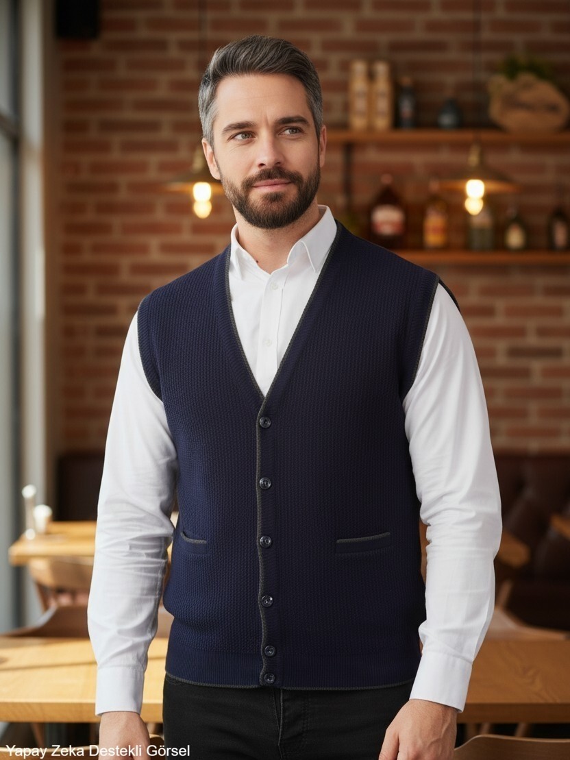 Kamalı Erkek Lacivert V Yaka Triko Düğmeli Cepli Çizgi Desenli Regular Fit Tüylenmeyen Örgü Yelek
