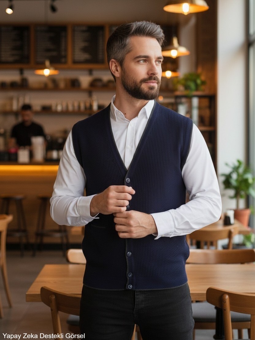 Kamalı Erkek Lacivert V Yaka Triko Düğmeli Cepli Çizgi Desenli Regular Fit Tüylenmeyen Örgü Yelek görsel 3