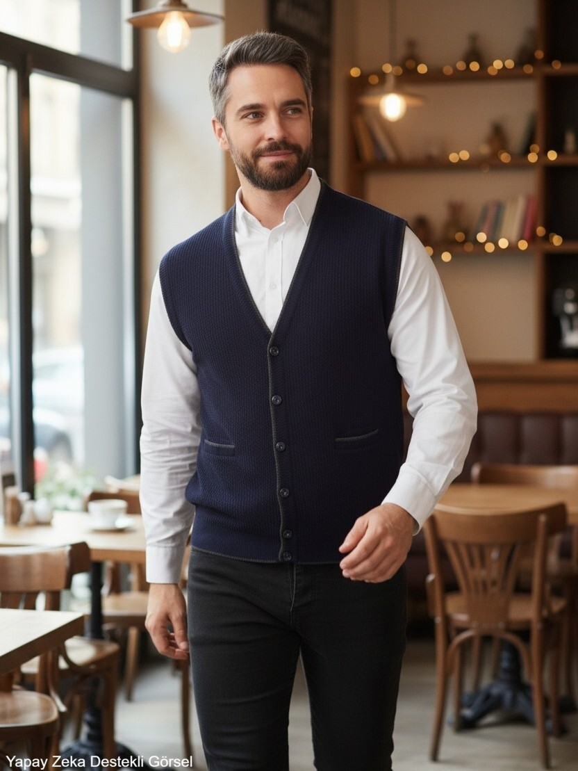 Kamalı Erkek Lacivert V Yaka Triko Düğmeli Cepli Çizgi Desenli Regular Fit Tüylenmeyen Örgü Yelek görsel 7