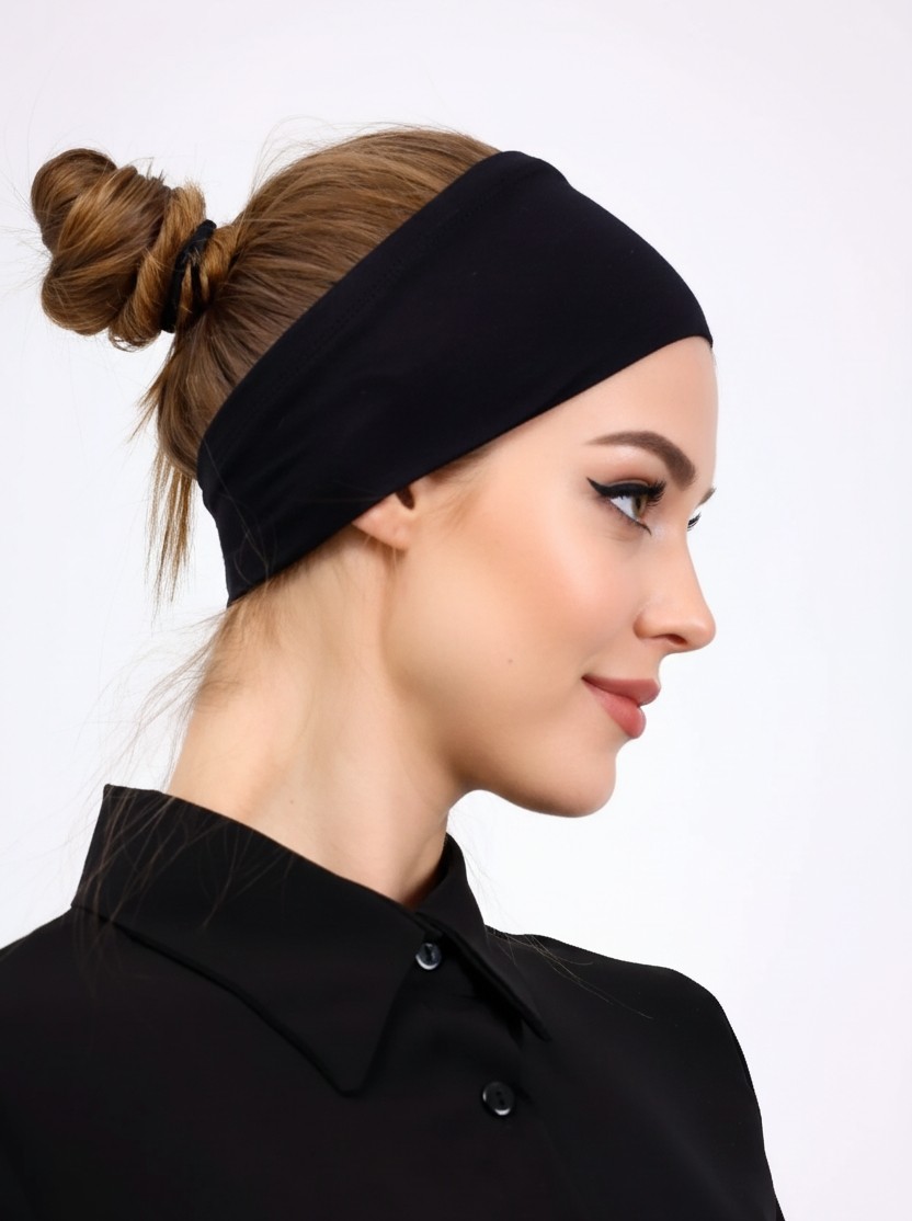 Alivascarf 2 Adet Bandana Şeklinde Bone Siyah Ekru - Kadın Tesettür Dikişsiz Geçme Iç Bone - Spor Saç Bandı görsel 2