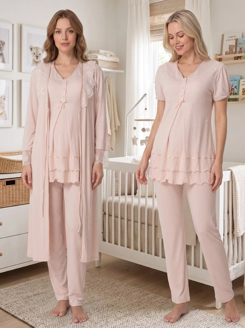 raia Pembe Kısa Kollu Lohusa Hamile Sabahlıklı Pijama Takımı görsel 6