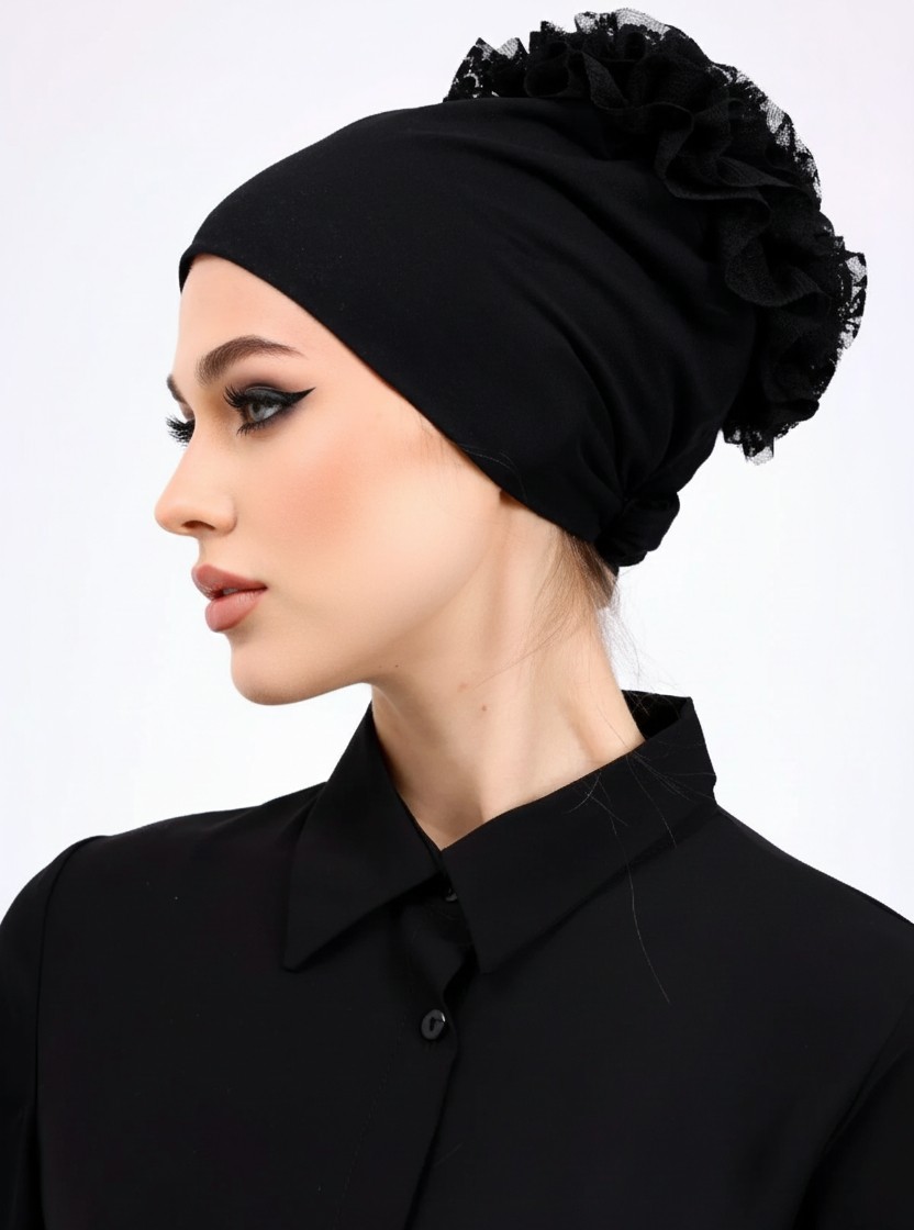 Aliva Scarf Kaymayan Fırfırlı Siyah Silikonlu Dikişsiz Kaymaz Bone Kadın Tesettür Bağlamalı Iç Bone görsel 5