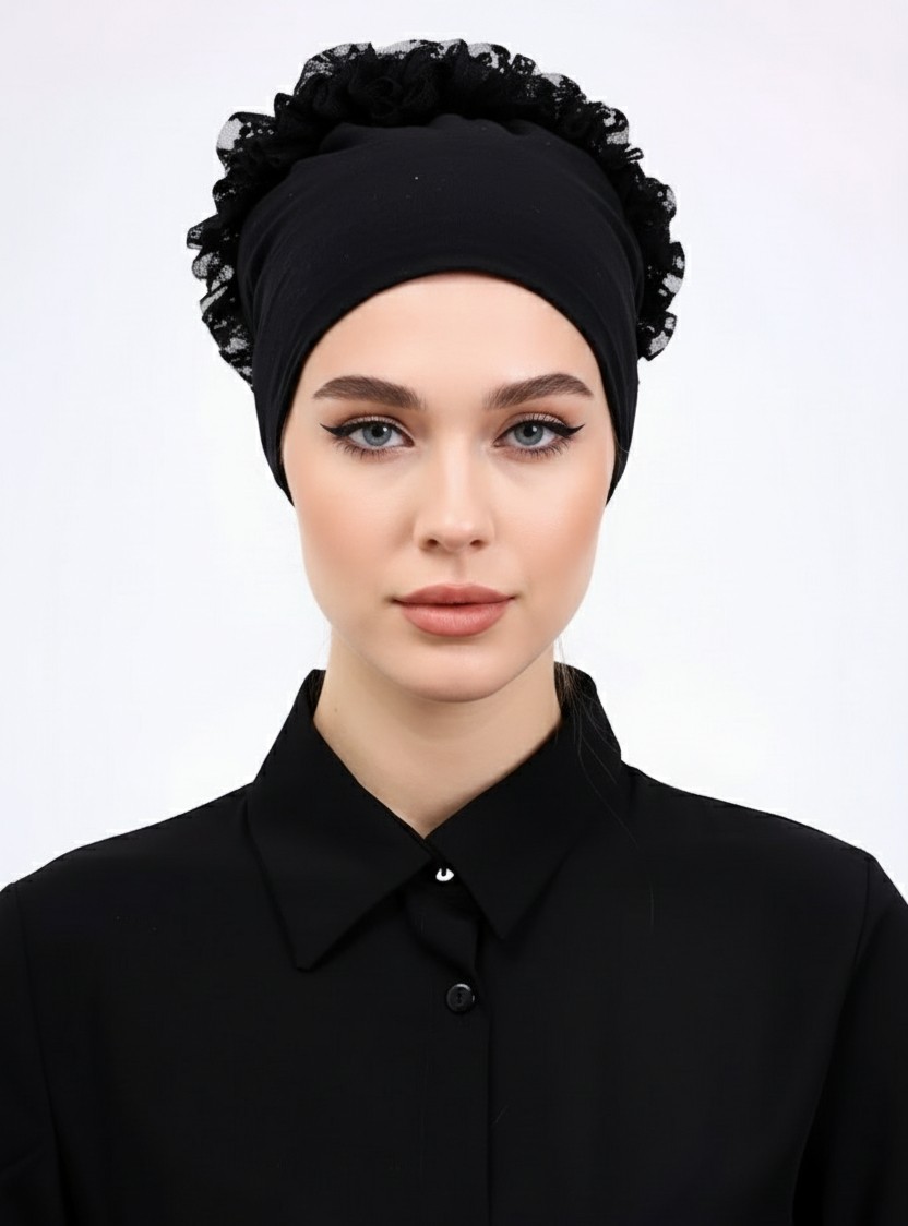 Aliva Scarf Kaymayan Fırfırlı Siyah Silikonlu Dikişsiz Kaymaz Bone Kadın Tesettür Bağlamalı Iç Bone görsel 2