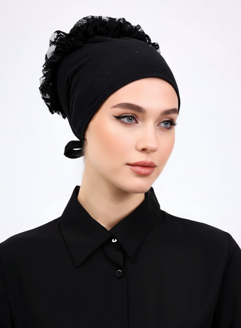 Aliva Scarf Kaymayan Fırfırlı Siyah Silikonlu Dikişsiz Kaymaz Bone Kadın Tesettür Bağlamalı Iç Bone görsel 4