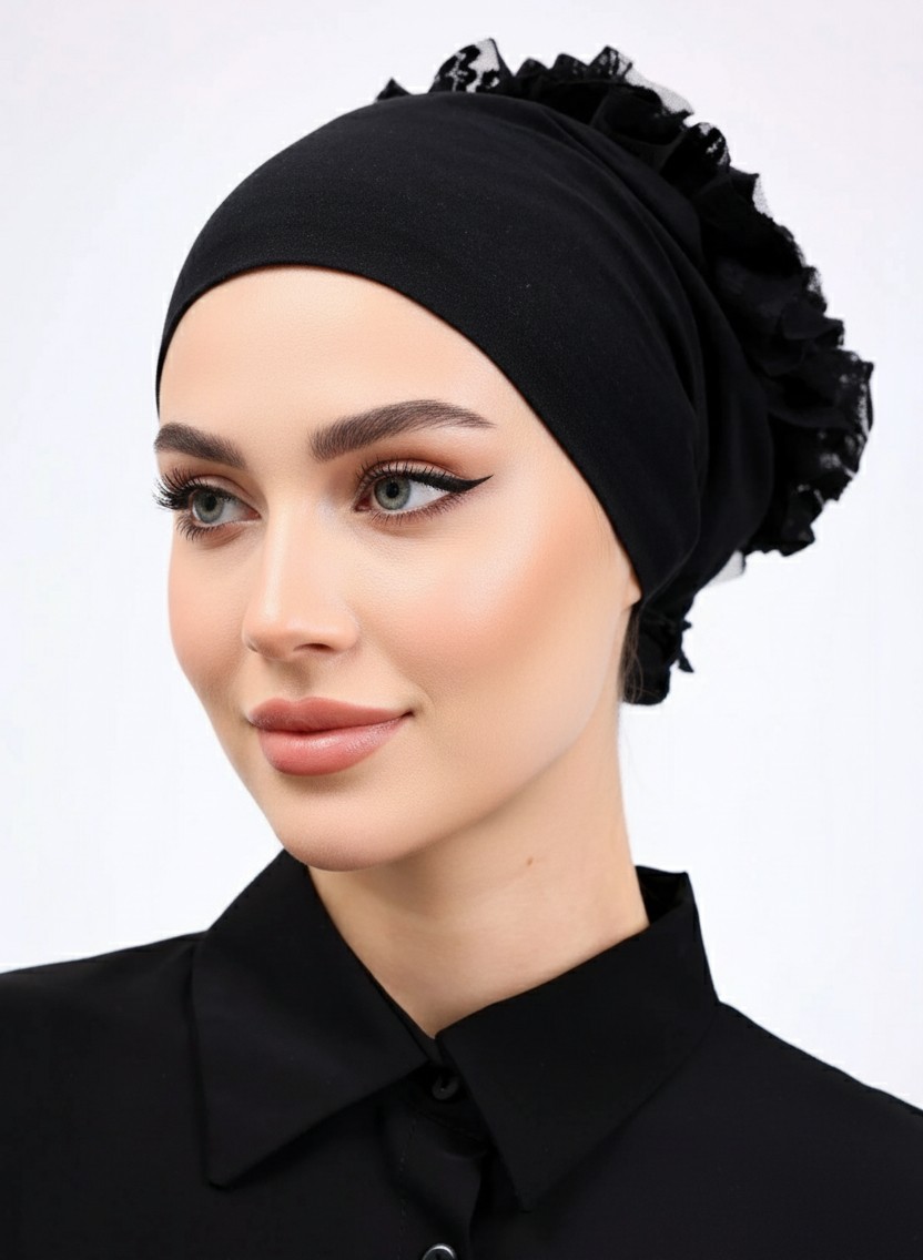 Aliva Scarf Kaymayan Fırfırlı Siyah Silikonlu Dikişsiz Kaymaz Bone Kadın Tesettür Bağlamalı Iç Bone görsel 6
