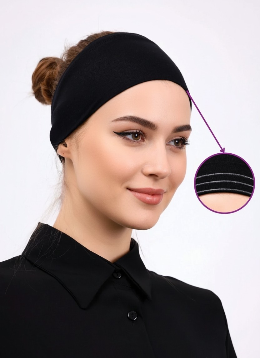 Alivascarf 2 Adet Bandana Şeklinde Bone Siyah Ekru - Kadın Tesettür Dikişsiz Geçme Iç Bone - Spor Saç Bandı