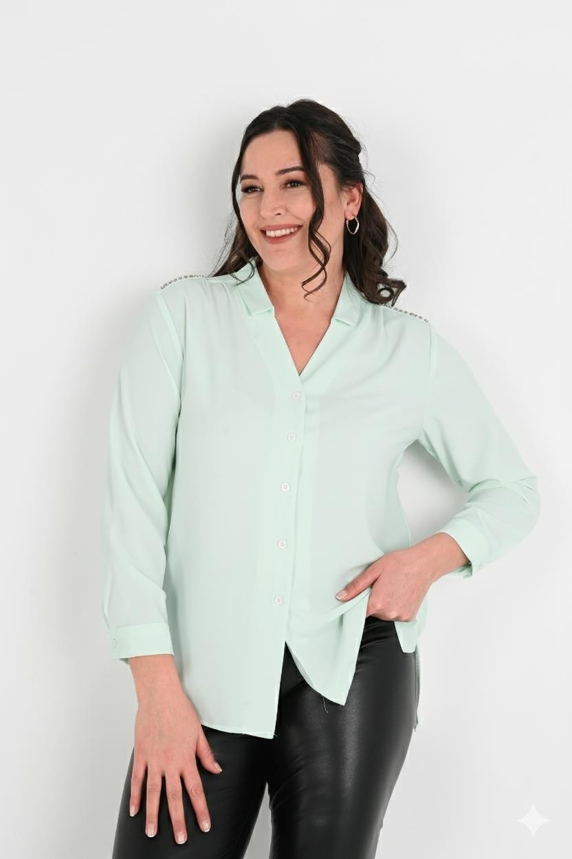 Moda Xlarge Kadın Büyük Beden Omuz Taş Detaylı Gömlek 1687-24 görsel 7