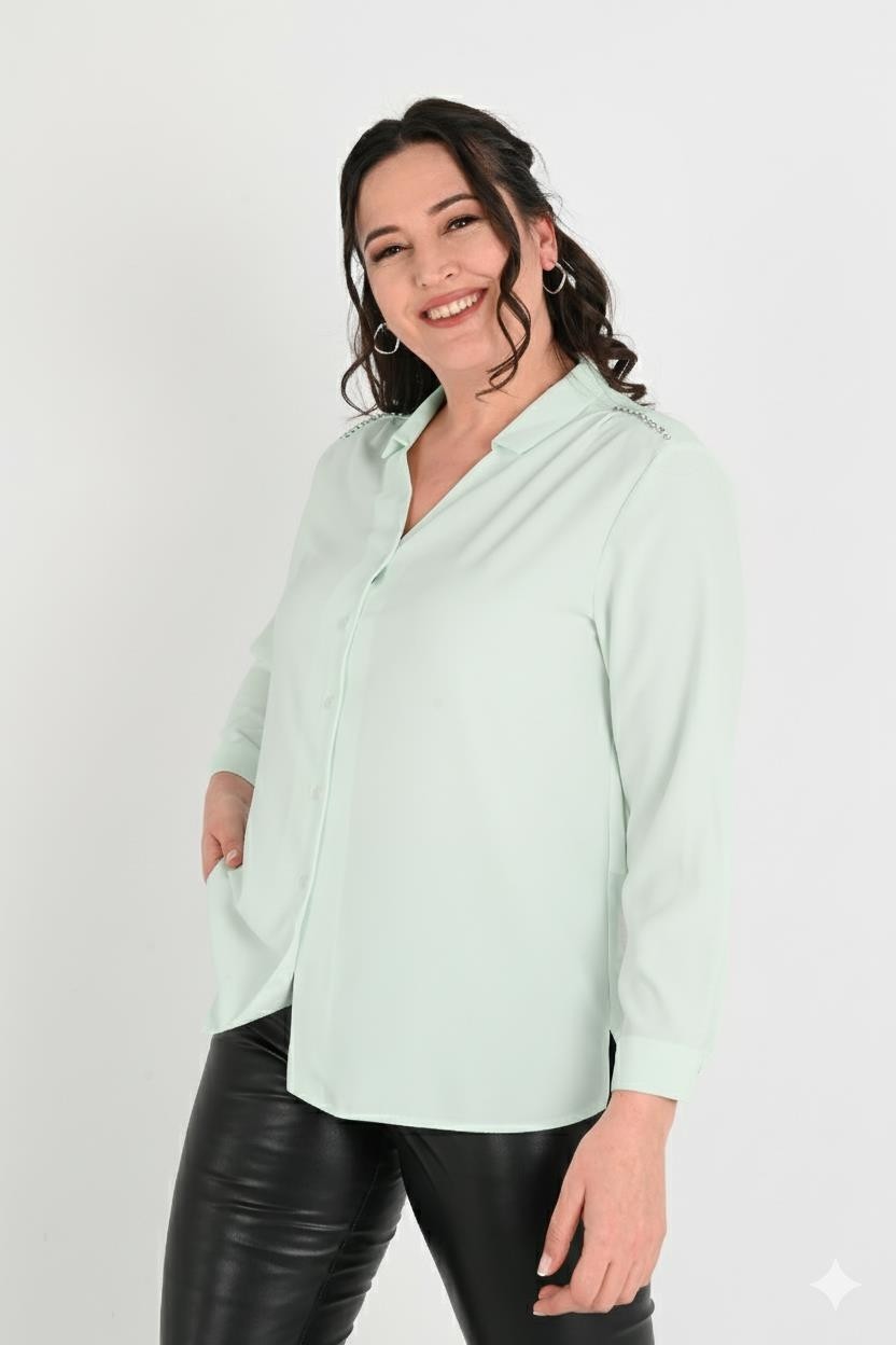 Moda Xlarge Kadın Büyük Beden Omuz Taş Detaylı Gömlek 1687-24 görsel 8