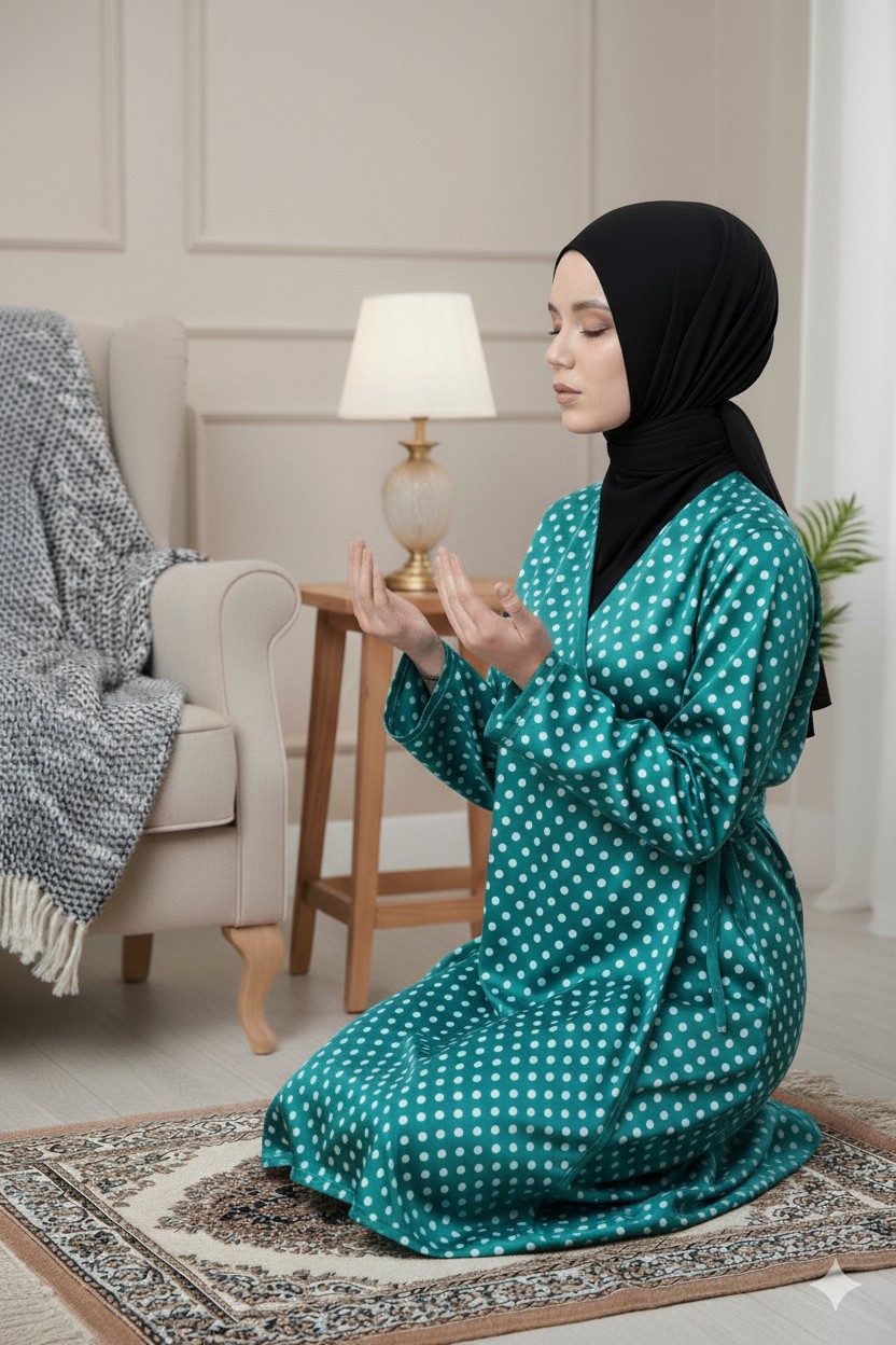 Defka Kruvaze Yandan Bağlamalı Kadın Namaz Elbisesi Sabahlık Puantiye Desenli görsel 5