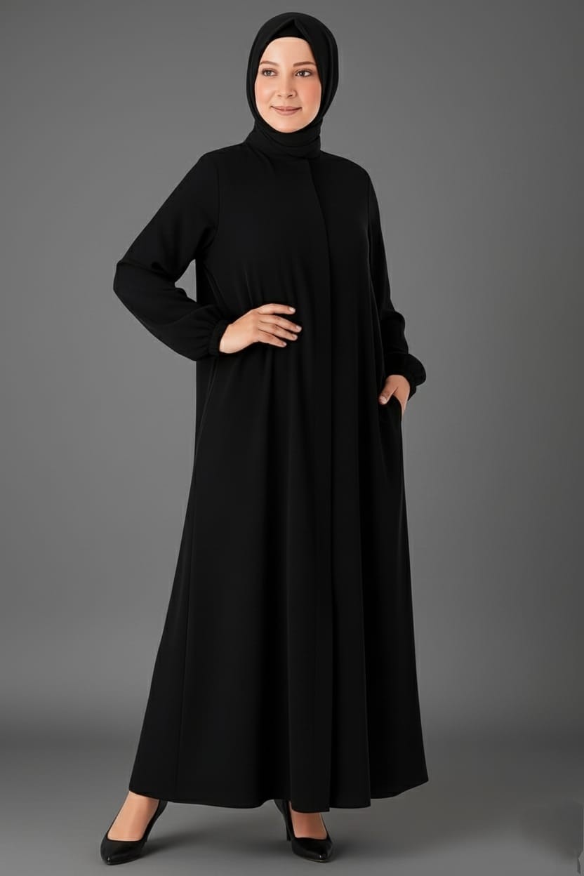 Mismoly Medine Ipeği Mevlana Kesim Cepli Kuşaklı Bol Ferace Siyah