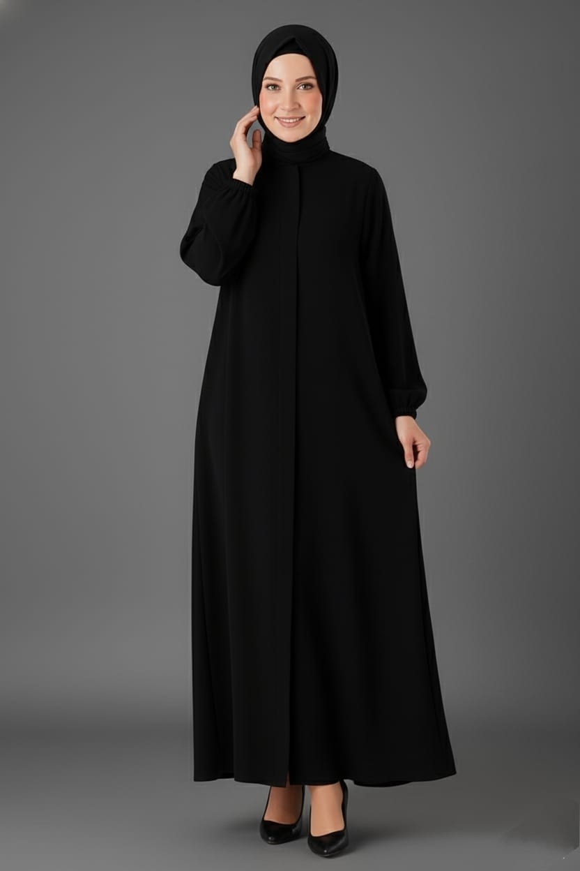 Mismoly Medine Ipeği Mevlana Kesim Cepli Kuşaklı Bol Ferace Siyah görsel 4