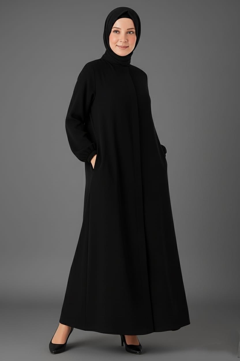 Mismoly Medine Ipeği Mevlana Kesim Cepli Kuşaklı Bol Ferace Siyah görsel 5
