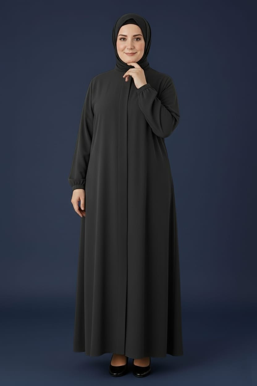 Mismoly Medine Ipeği Mevlana Kesim Cepli Kuşaklı Bol Büyük Beden Ferace görsel 3
