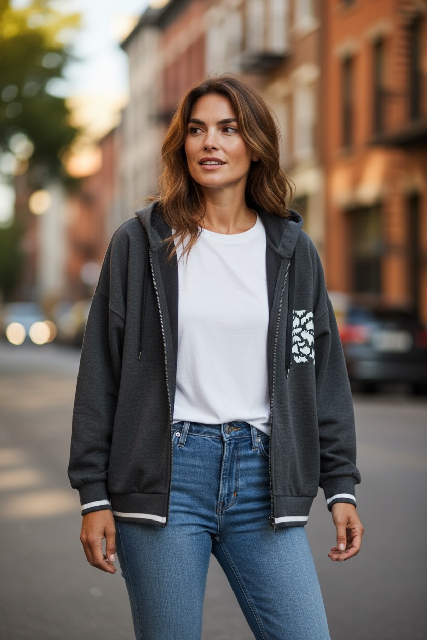 Ferz Kadın Büyük Beden Ikiiplik Fermuarlı Kapüşonlu Sweatshirt görsel 2