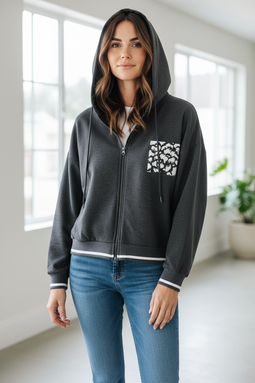 Ferz Kadın Büyük Beden Ikiiplik Fermuarlı Kapüşonlu Sweatshirt görsel 3