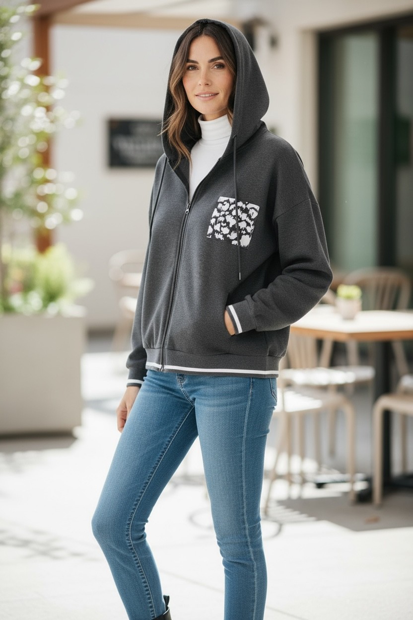 Ferz Kadın Büyük Beden Ikiiplik Fermuarlı Kapüşonlu Sweatshirt görsel 4