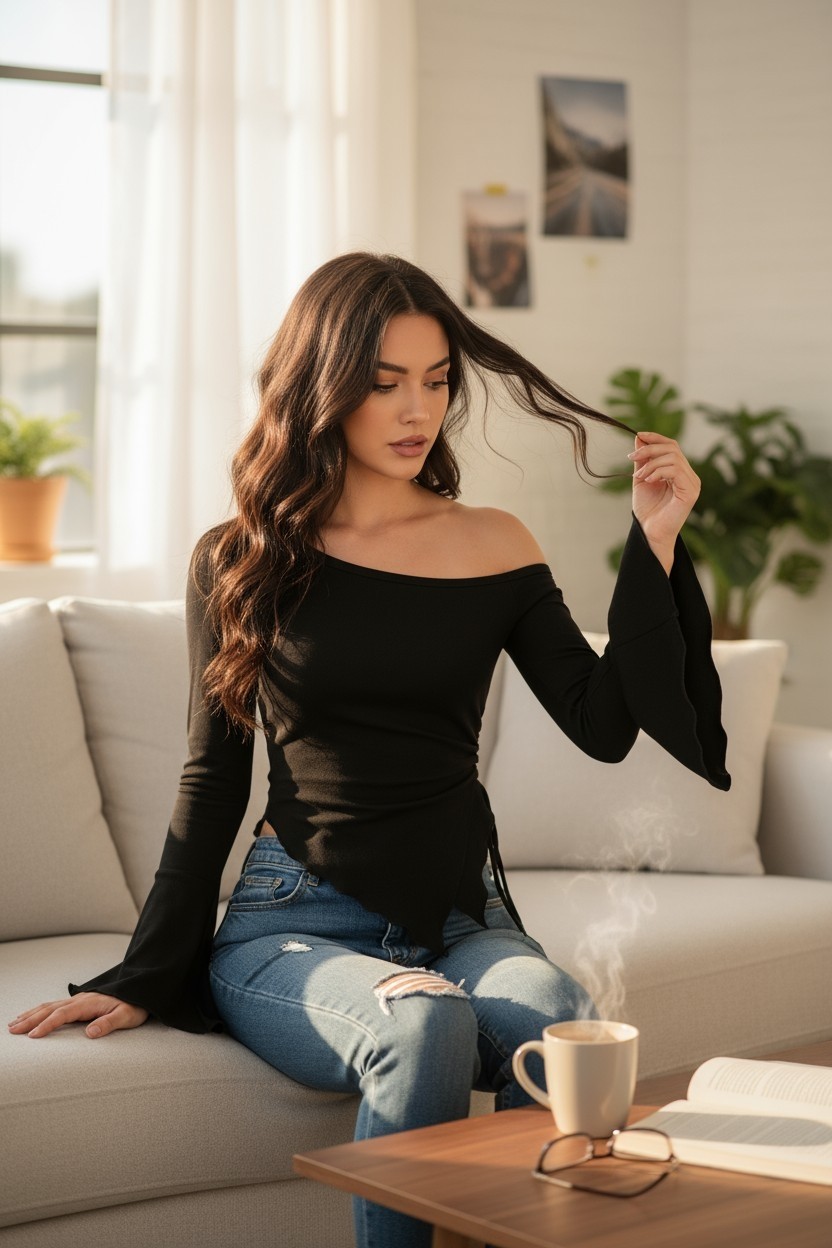 Lux Store Kadın Siyah Uzun Ispanyol Kollu Asimetirik Yaka Yandan Bağlamalı Drapeli Bluz görsel 2