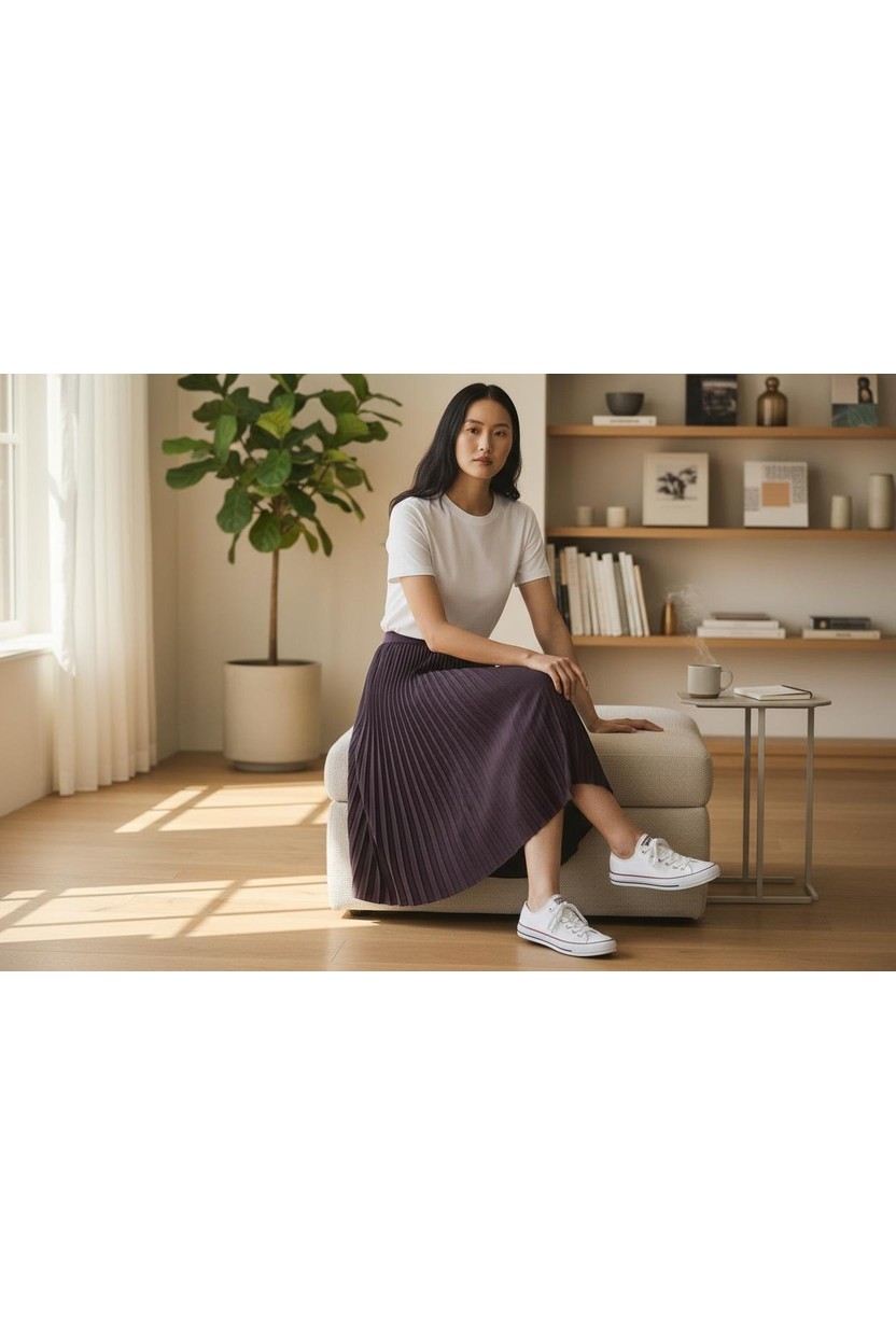 Eren Style Pileli Pamuklu Dokuma Viskon 4 Mevsim Etek(95 Cm)-(38-48) görsel 5