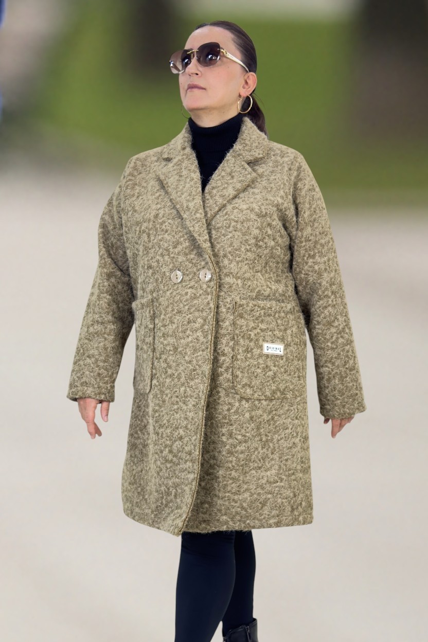 Yagmur Beren YAĞMURBEREN Büyük Beden Kadın Kaban %70 Yün %30 Polyester Düğmeli Cepli Orjinal Italyan Buklet Zra Model