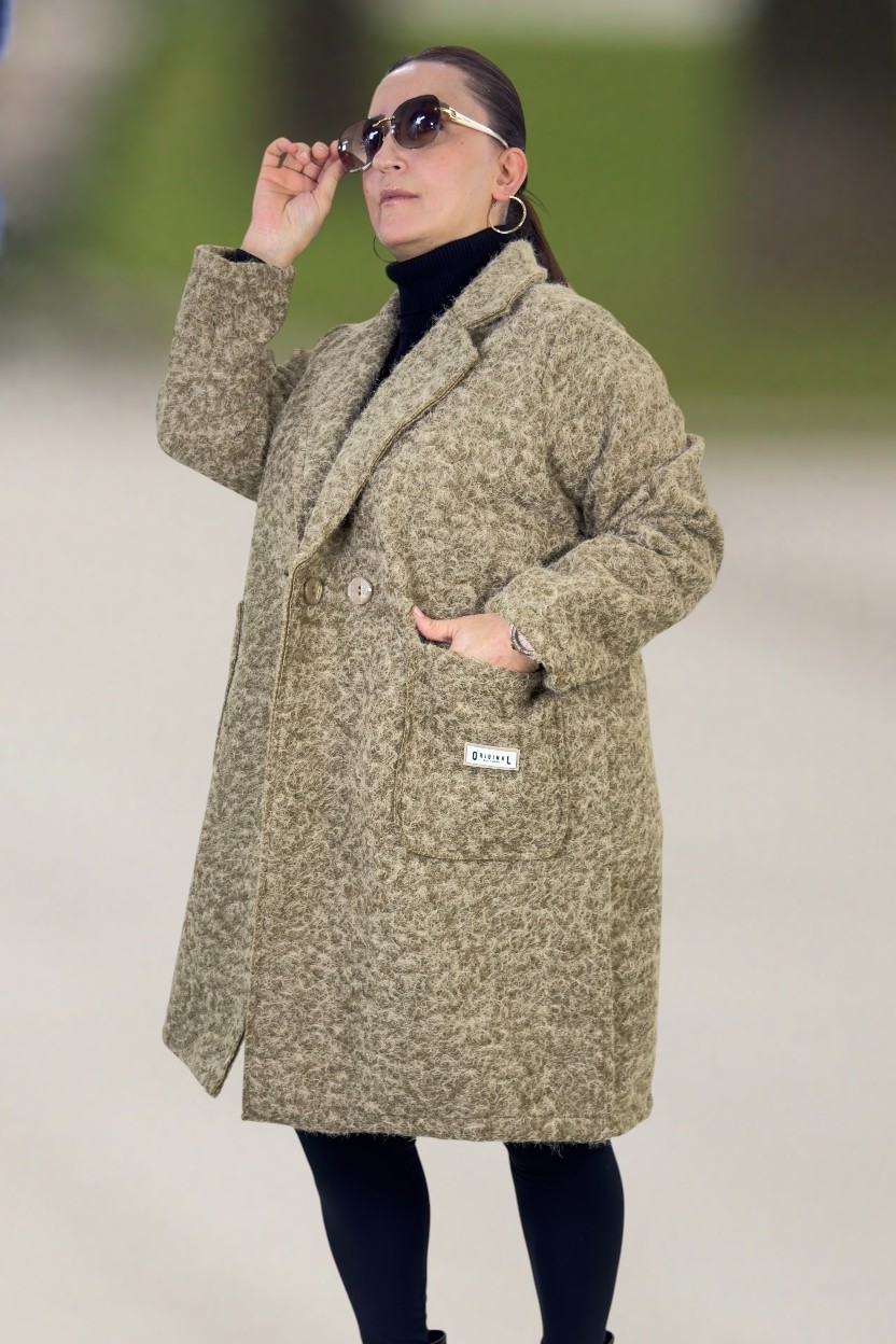 Yagmur Beren YAĞMURBEREN Büyük Beden Kadın Kaban %70 Yün %30 Polyester Düğmeli Cepli Orjinal Italyan Buklet Zra Model görsel 4