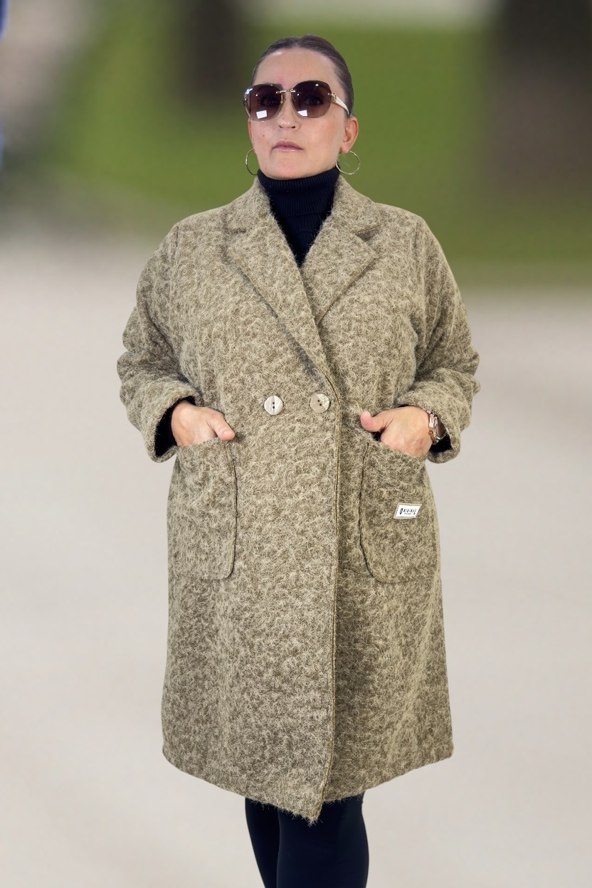Yagmur Beren YAĞMURBEREN Büyük Beden Kadın Kaban %70 Yün %30 Polyester Düğmeli Cepli Orjinal Italyan Buklet Zra Model görsel 5
