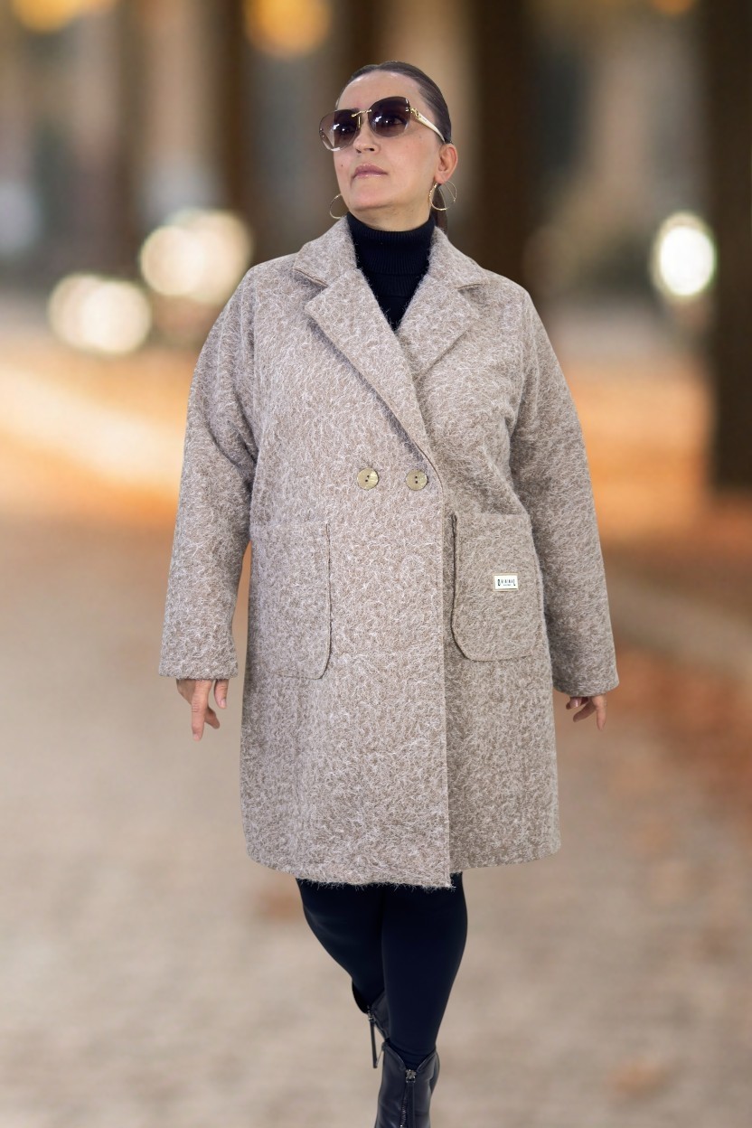 Yagmur Beren YAĞMURBEREN Büyük Beden Kadın Kaban %70 Yün %30 Polyester Düğmeli Cepli Orjinal Italyan Buklet Zra Model görsel 7