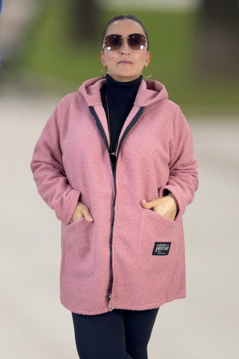 Yagmur Beren Orjinal Italyan Kumaş Kapüşonlu Cepli Büyük Beden Sweat Buklet Ceket görsel 4