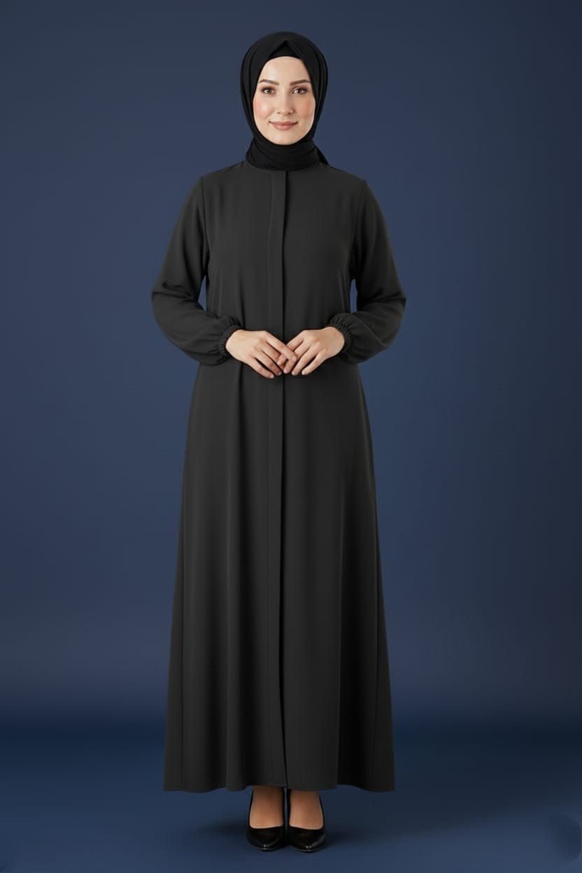 Mismoly Medine Ipeği Mevlana Kesim Cepli Kuşaklı Bol Ferace Siyah