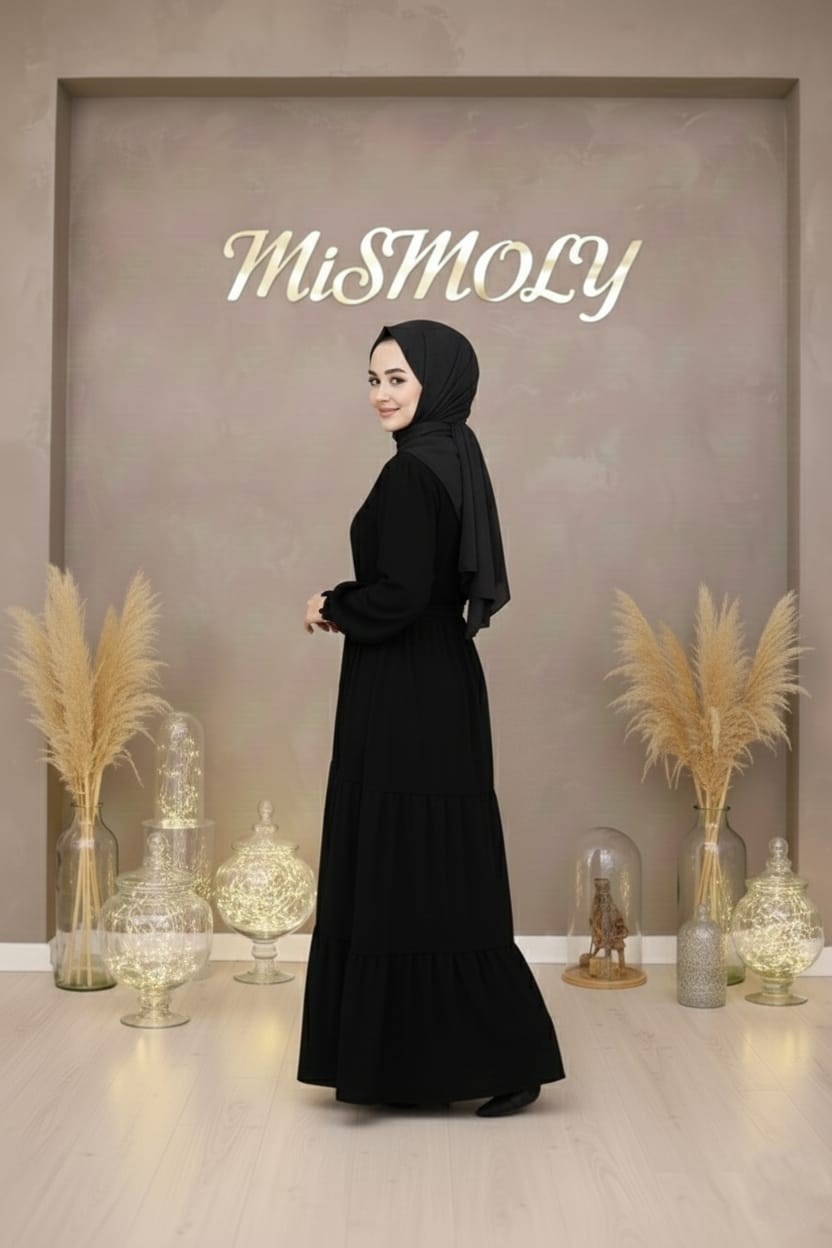 Mismoly Medine Ipeği Katkat Büzgülü Kuşaklı Çocuk Ferace Siyah görsel 2