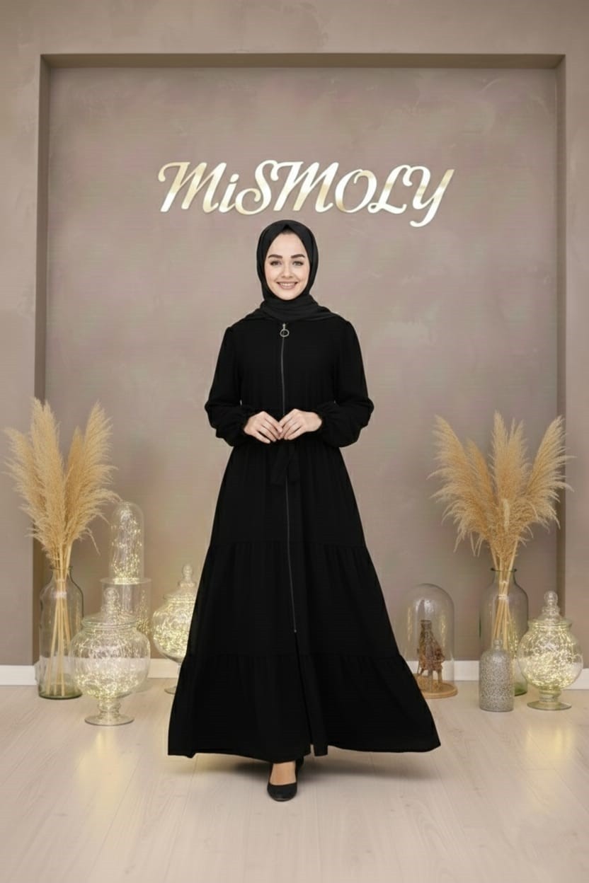 Mismoly Medine Ipeği Katkat Büzgülü Kuşaklı Çocuk Ferace Siyah görsel 7