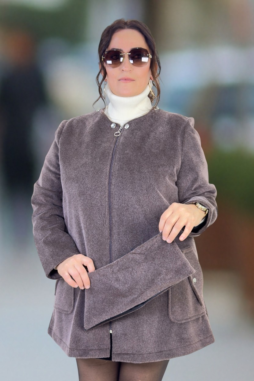 Yagmur Beren Fox Kumaş Fermuarlı Çıkartılabilir Yaka Detay Büyük Beden Kısa Kaban görsel 3