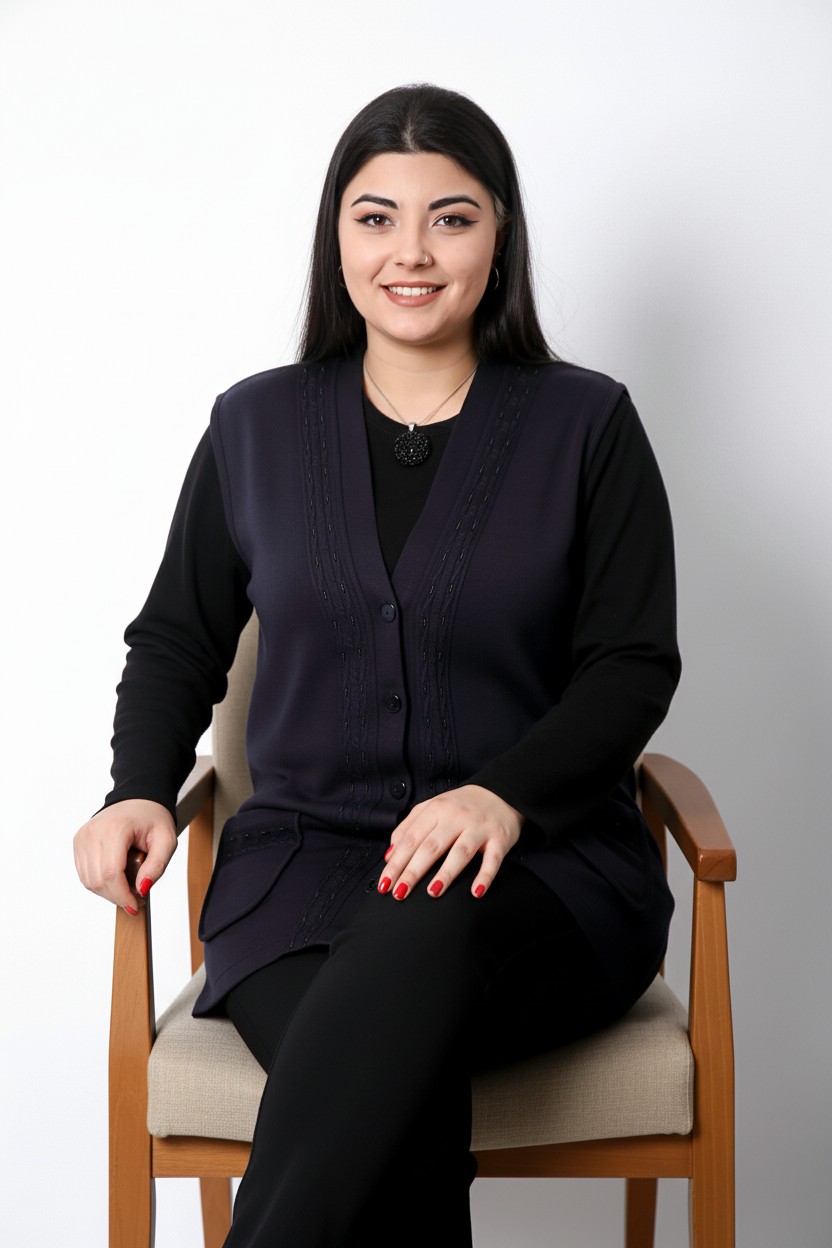Laden Kadın Çelik Örgü Triko Tüylenmez Büyük Beden Boncuklu Anne Lacivert Yelek görsel 3