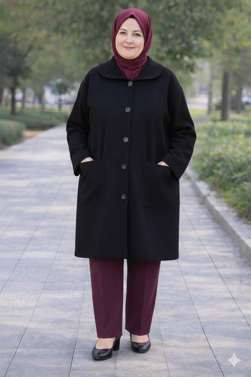 Cng Moda Büyük Beden Düğmeli Astarsız Anne Kaşe Kaban