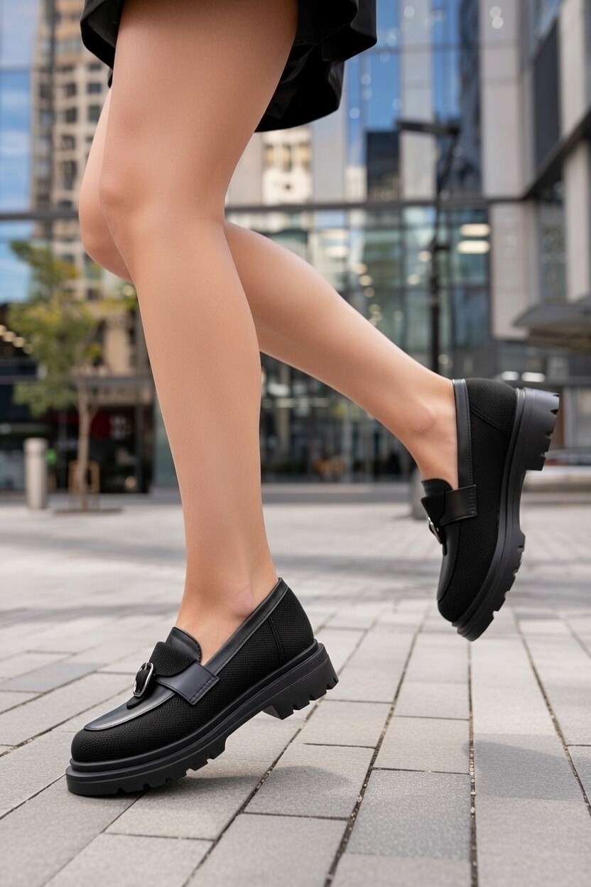 MARSHETTA Nerina Model Deri ve Toka Detaylı Siyah Keten Kadın Loafer Günlük Ayakkabı görsel 8