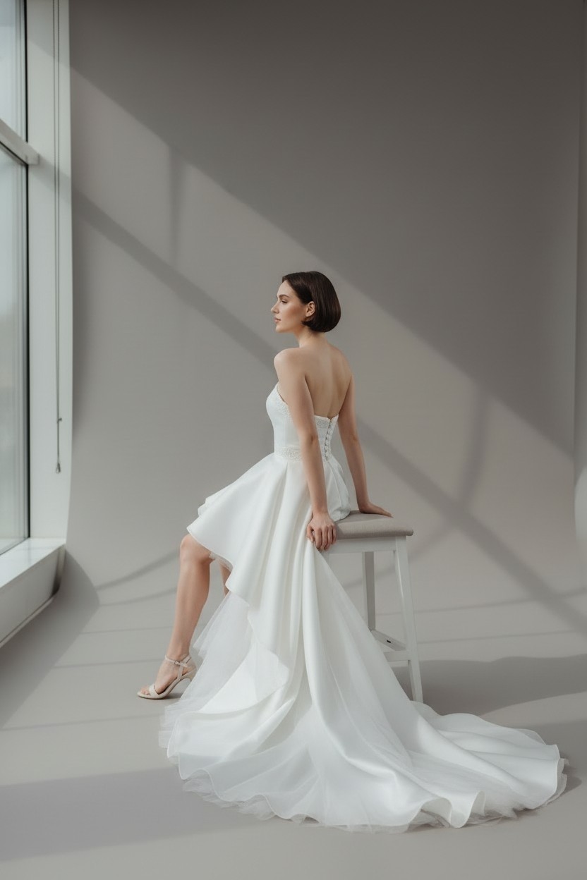 Bride In Love Önü Kısa Arkası Uzun Gelinlik Nikah Elbisesi görsel 2