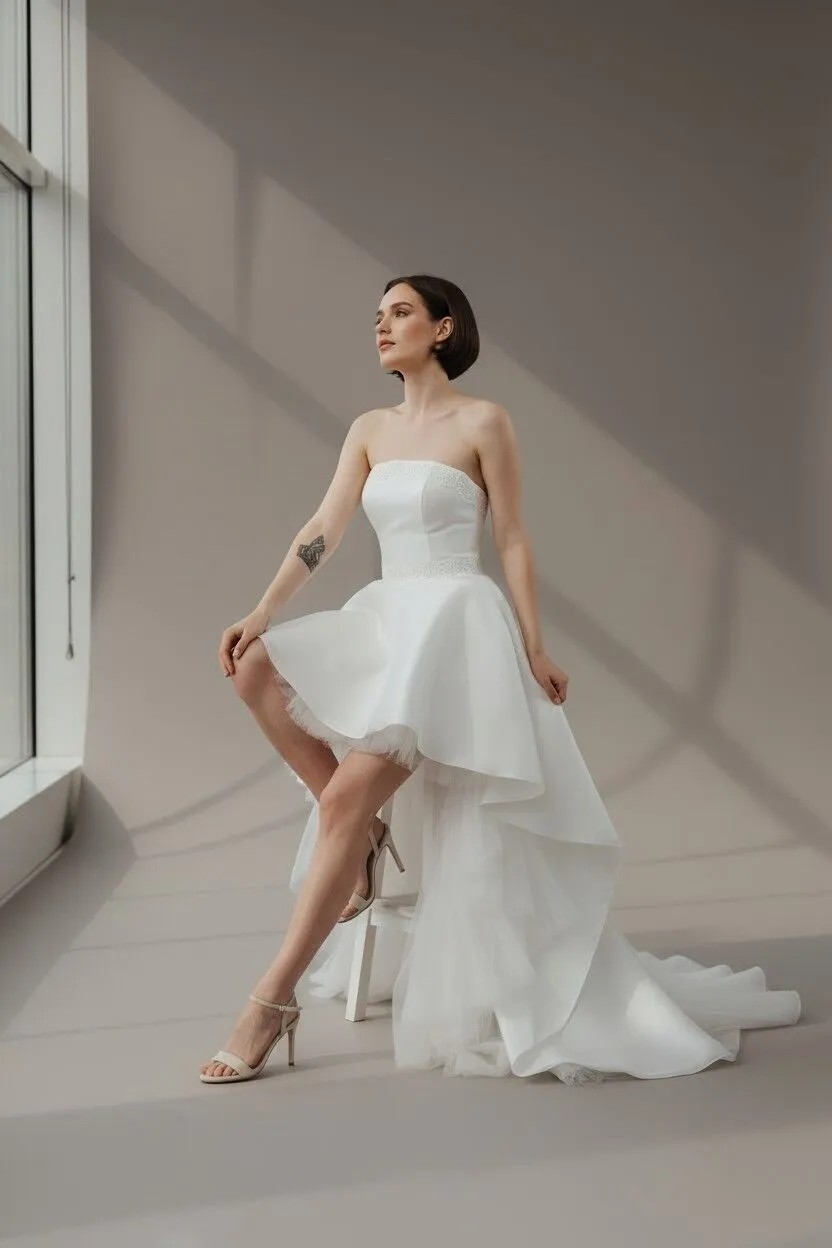 Bride In Love Önü Kısa Arkası Uzun Gelinlik Nikah Elbisesi görsel 6