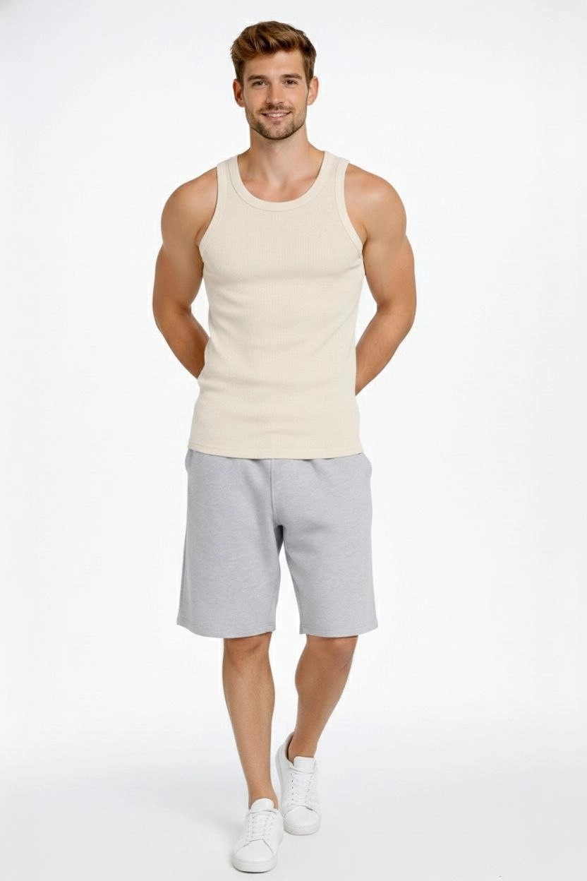 Asmedo Erkek Fitilli Atlet Sıfır Yaka Slim Fit Arka Baskılı Spor Atlet - Krem görsel 3