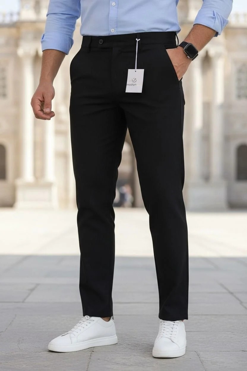Modamesto Erkek Bej Slim Fit Likralı Yan Cep Bilek Boy Düz Kumaş Pantolon