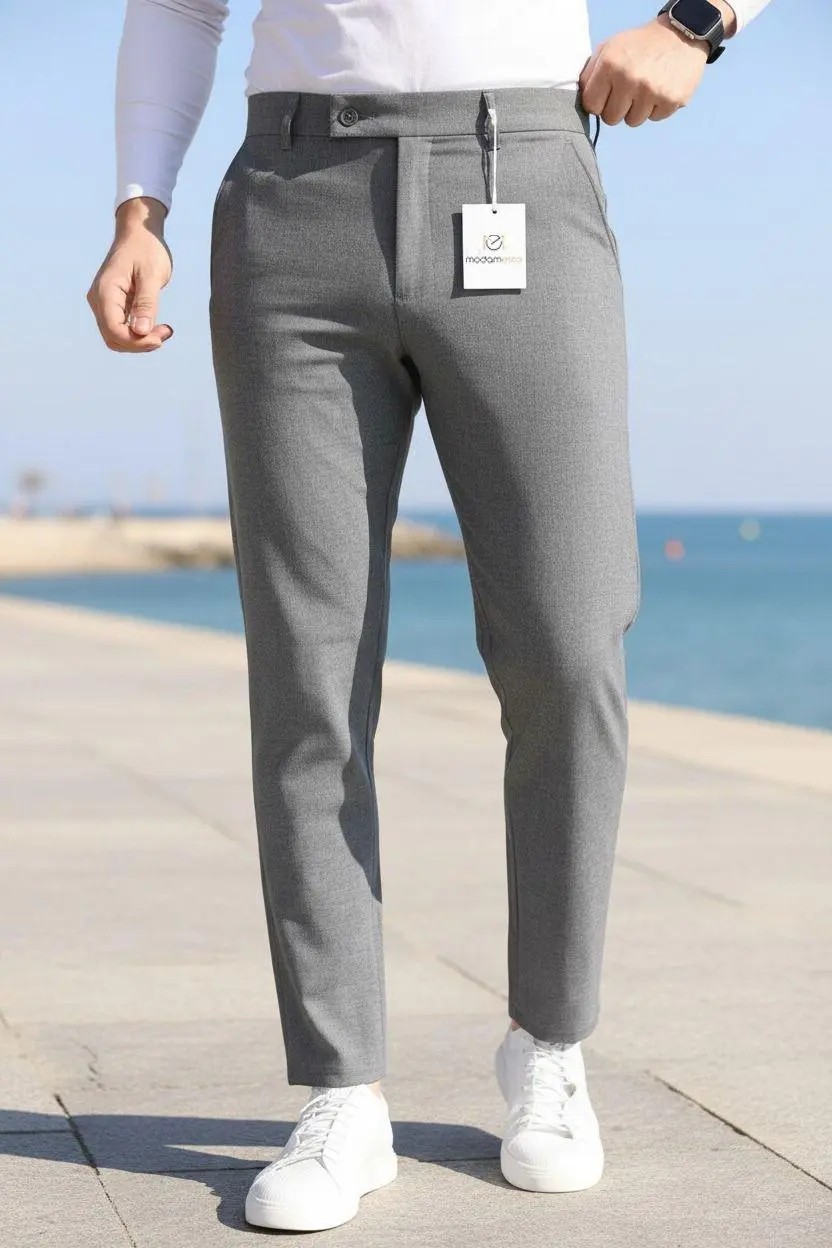 Modamesto Erkek Bej Slim Fit Likralı Yan Cep Bilek Boy Düz Kumaş Pantolon