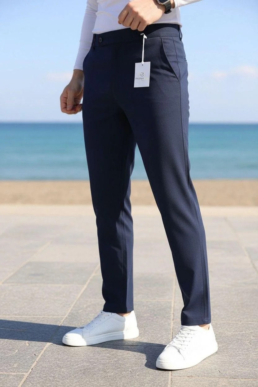 Modamesto Erkek Bej Slim Fit Likralı Yan Cep Bilek Boy Düz Kumaş Pantolon