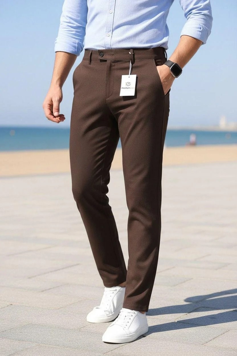 Modamesto Erkek Bej Slim Fit Likralı Yan Cep Bilek Boy Düz Kumaş Pantolon