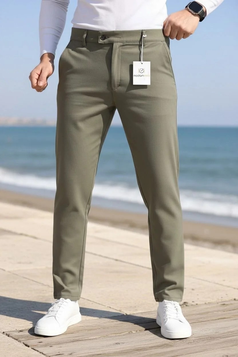 Modamesto Erkek Bej Slim Fit Likralı Yan Cep Bilek Boy Düz Kumaş Pantolon