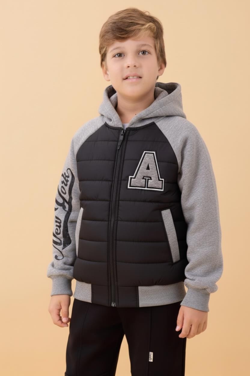 Perendi Erkek Çocuk Içi Peluşlu Kapüşonlu Kolej Ceket Siyah Renk Standart Kalıp 7 - 8 Yaş