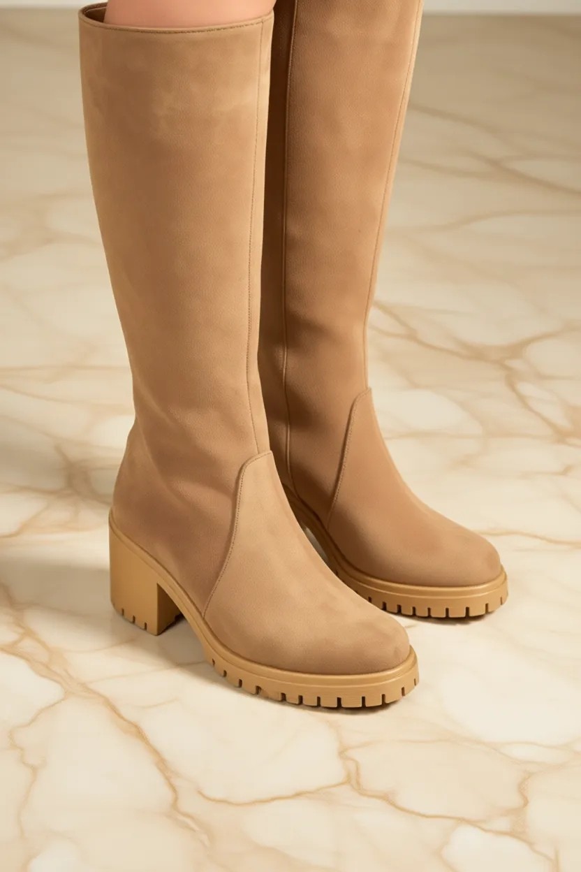 Fox Shoes Kadın Taba/Kahverengi Deri Süet Kalın Topuklu Çizme Günlük Kullanım İçin Şık Tasarım görsel 7