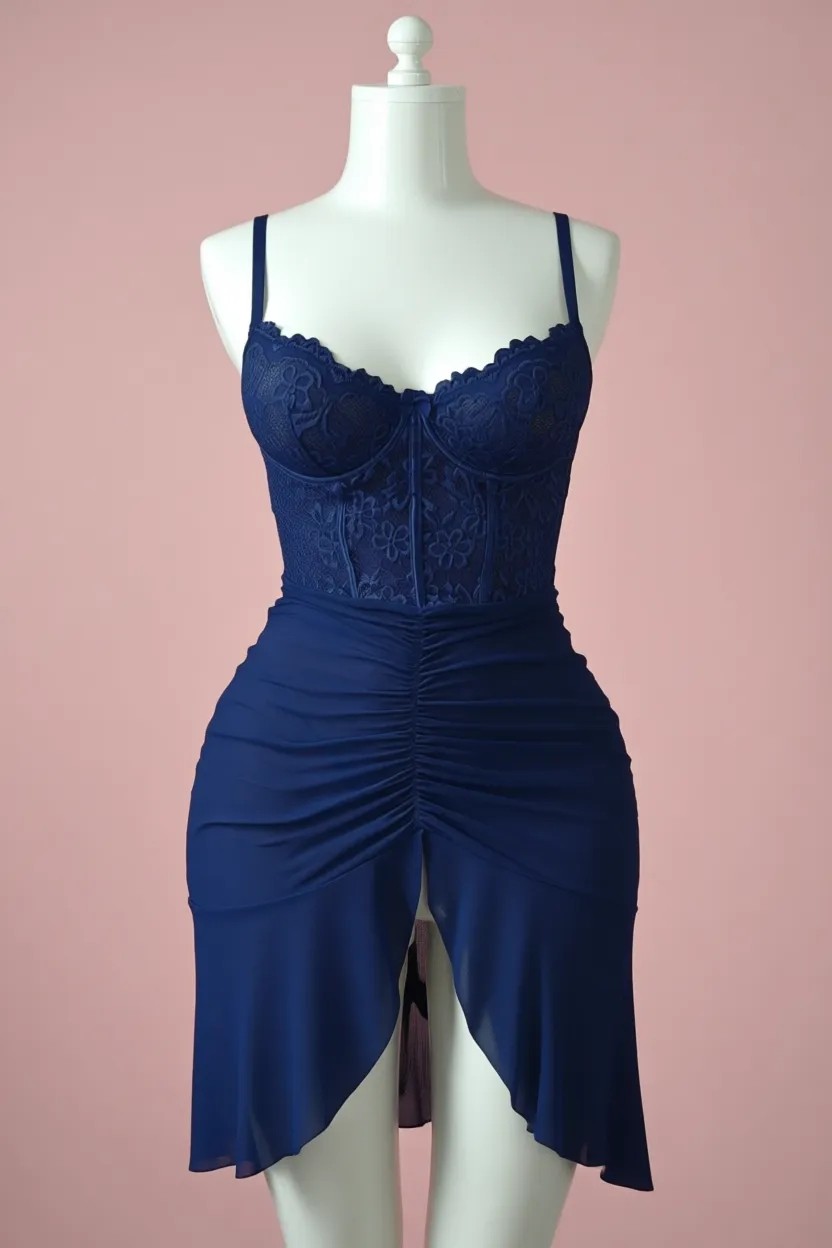 Bella Notte Kadın Uzun Gecelik Lacivert 2 Parça Önden Yırtmaçlı Polyester Rahat Tasarım görsel 4