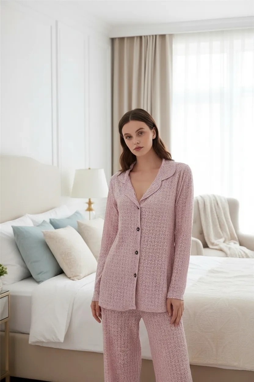 mery Kadın Pembe Önden Düğmeli Rahat Kesim Pijama Takımı, Günlük Ev Giyim Seti Mery görsel 2
