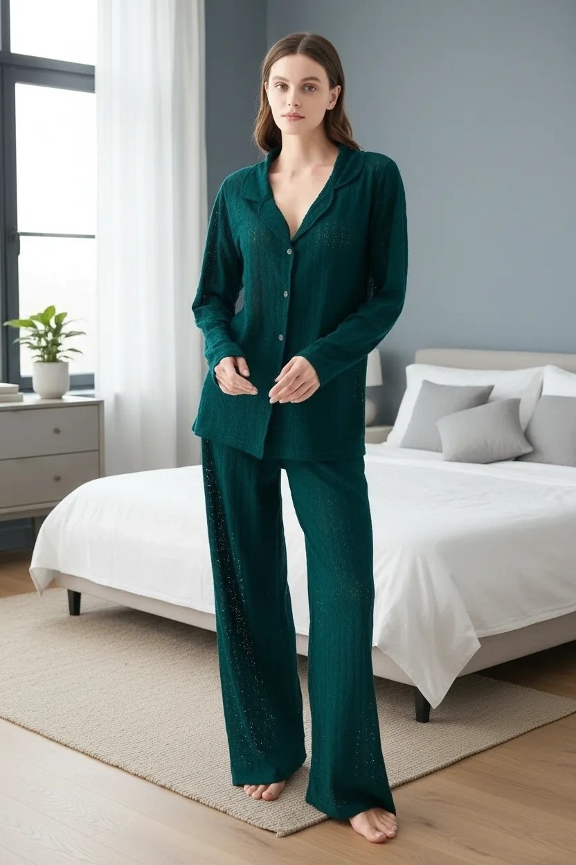 Beruflic Moda Kadın Zümrüt Yeşili Önden Düğmeli Rahat Kesim Pijama Takımı Beruflic görsel 6
