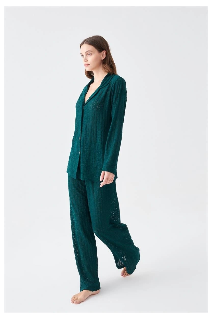Beruflic Moda Kadın Zümrüt Yeşili Önden Düğmeli Rahat Kesim Pijama Takımı Beruflic görsel 7