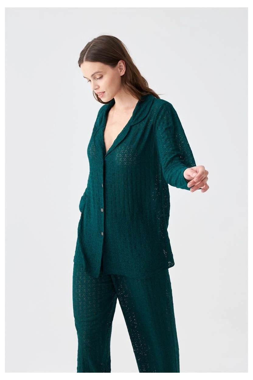 Beruflic Moda Kadın Zümrüt Yeşili Önden Düğmeli Rahat Kesim Pijama Takımı Beruflic görsel 8