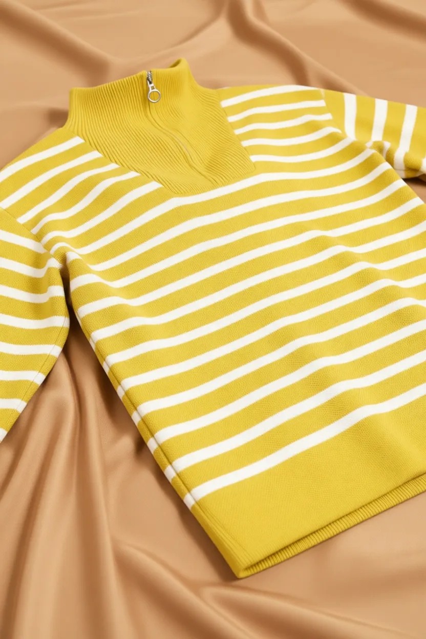İmaj Butik Yağ Yeşili Çizgili Triko Kazak Yaka Fermuarlı Akrilik Kumaş ile Şık ve Rahat Kullanım görsel 7
